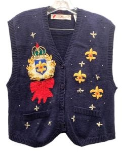 80s Baroque Embroidered Sweater Vest | Vintage Knit Trophy Vest | Crown Beaded Fleur de Lis - Fashionconstellate.com