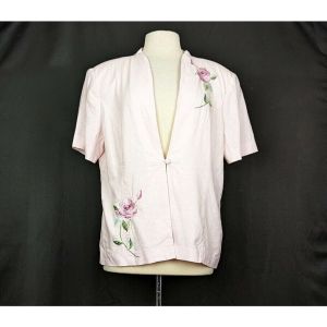 90s Jacket Pink Embroidered Roses Cottagecore Short Sleeve by Samantha Rose | Vintage Women's 18