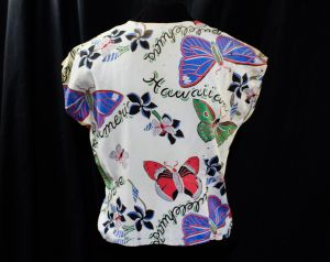 1940s Hawaiian Novelty Print Rayon Top - As Is Shredded Poor Condition - Butterflies Plumeria Floral - Fashionconstellate.com
