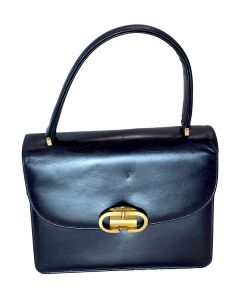 60s Navy Blue Leather Top Handle Gold Tone Buckle Clasp Structured Bag by Morris Moskowitz
