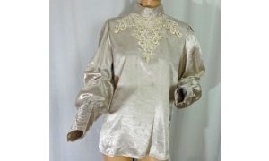 Vintage Blouse Frontier Classics Gray/Beige Satin Back Button Puffy Sleeves Victorian | M/L
