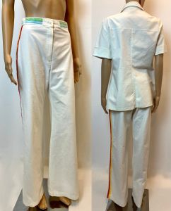 70s Mod Safari Pant & Jacket Set | Blouse and High Waisted Flares Bell Bottoms | W 28'' x L 32'' - Fashionconstellate.com
