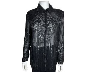 Vintage 1980s Sequinned Beaded Blouse Sheer Black Chiffon Size M