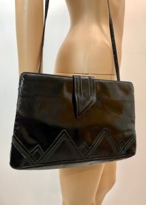 80s 90s Black Patent Leather Shoulder Bag Geometric Clutch by Designer Silvano Biagini Italy - Fashionconstellate.com