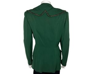 Vintage 1940s Ladies Suit Jacket Green Gabardine w Beading Russeks Linada Originals - Fashionconstellate.com