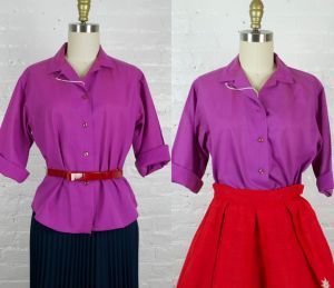 1960s blouse .  60s purple button up shirt . medium