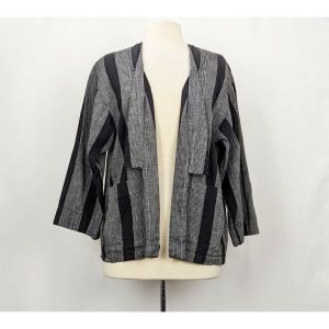 90s Jacket Black Gray Stripe Open Front Artsy Cotton Linen by La Chine Classic by Galinda Wang |S/M