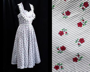 1950s Sun Dress - Small 50s Red Black Gray Striped Floral Print Cotton - 50s Buxom Full Skirted