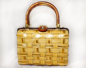 1960s Woven Box Bag - Natural Lattice Treasure Chest Handbag - 60s Casual Summer Purse - Caramel 
