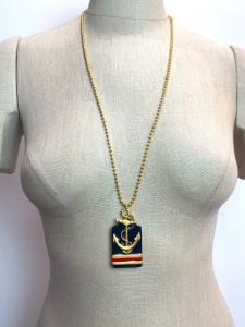80s 90s Large Enamel Nautical Sailor Pendant | Blue & Red on Gold