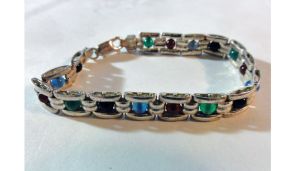 Vintage Signed Silver Bracelet Milor Italy 925 Sterling Multi-Colored Beads Panel Link