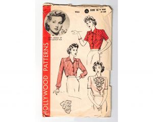 1940s Ladies Blouse Sewing Pattern - Medium Large Button Front 40s Wartime - Short or Long Sleeve 