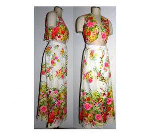 60s Hawaiian Hostess Dress Maxi Skirt & Vest |2-pc COCO California Floral Aloha|Waist 27'' Bust 36''