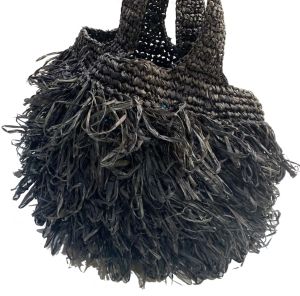 80s Large Black Raffia Fringe Tote Market Bag | Beach Bag | H 12.5'' x W 19'' x D 15.5'' - Fashionconstellate.com