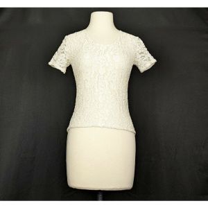 90s Y2K Top Cream Stretch Lace Short Sleeve by Ellen Ashley | Vintage Juniors M