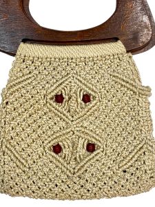 70s Macrame Hippie Bag with Beads and Large Wood Handles - Fashionconstellate.com