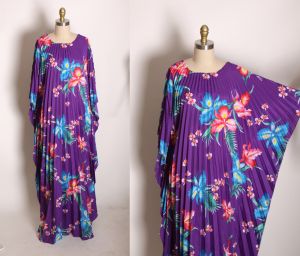 1980s Purple, Blue and Pink Hawaiian Hibiscus Floral Flower Caftan Muu Muu Dress by Royal Creations