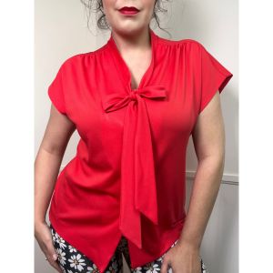 Curvy- Extra Large | 1970's Vintage Red Pussy Bow Blouse by Graff