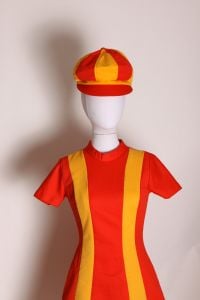 1960s Ketchup Red & Mustard Yellow Striped Mod Burger King Uniform Mini Dress w/Matching Hat - Fashionconstellate.com