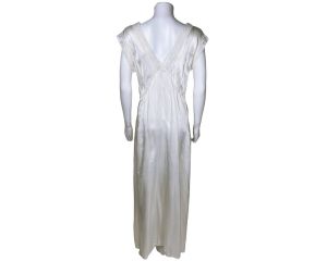 Vintage 1940s Nightie White Satin Nightgown with Lace Trim Size L - Fashionconstellate.com