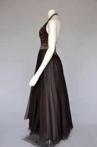 1960s brown aqua chiffon maxi gown with rhinestones XS/S - Fashionconstellate.com