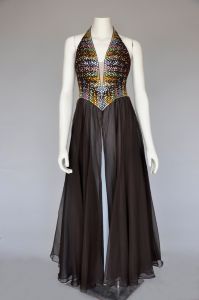 1960s brown aqua chiffon maxi gown with rhinestones XS/S