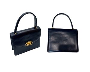 60s Navy Blue Leather Top Handle Gold Tone Buckle Clasp Structured Bag by Morris Moskowitz - Fashionconstellate.com
