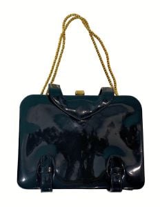 60s Black Patent Leather MOD Top Handle Bag | Rosenfeld LUXE Luxury | Gold Chain Hardware - Fashionconstellate.com