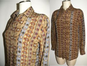 Vintage Abstract Print SILK Blouse by Tess | Earth Tones | S/M
