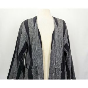 90s Jacket Black Gray Stripe Open Front Artsy Cotton Linen by La Chine Classic by Galinda Wang |S/M - Fashionconstellate.com