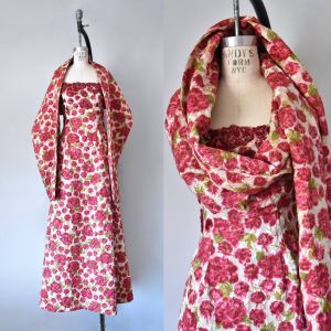 Malmaison 1960s silk faille evening dress and shawl, 1960s dress, floral evening gown, silk maxi dre