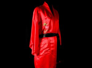 Size XL Asian Robe - Poppy Red Silk Satin Kimono Style 1960s Lounge Wrap - Vivid Wrap Front  - Fashionconstellate.com