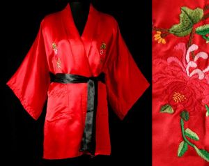 Size XL Asian Robe - Poppy Red Silk Satin Kimono Style 1960s Lounge Wrap - Vivid Wrap Front 
