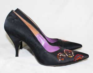 Size 6.5 Black High Heel Shoes - 1950s Satin Stilettos with Red Orange Pink Gems - Size 6 1/2 M Sexy - Fashionconstellate.com