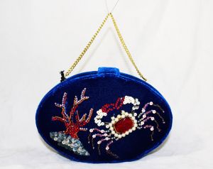 Blue Velvet Bag with Sea Life Crab and Coral - Deadstock Oval Novelty Ocean Theme Handbag - 90s