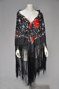1920s black silk floral embroidered fringe shawl