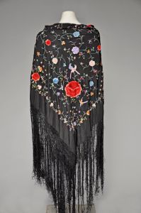 1920s black silk floral embroidered fringe shawl - Fashionconstellate.com