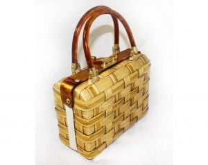 1960s Woven Box Bag - Natural Lattice Treasure Chest Handbag - 60s Casual Summer Purse - Caramel  - Fashionconstellate.com