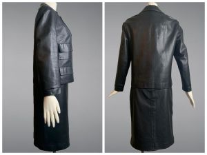 GORGEOUS Vintage 1960s Spanish Leather Suit Black Skirt Jacket Mod Knee Length | Size 10 M/L - Fashionconstellate.com