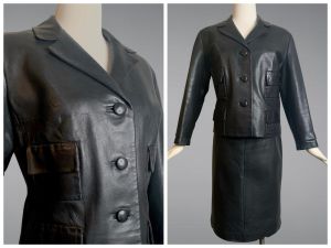GORGEOUS Vintage 1960s Spanish Leather Suit Black Skirt Jacket Mod Knee Length | Size 10 M/L