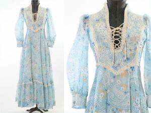 1970s Dress |  Vintage 70s Blue Cream Bishop Sleeve Prairie Corset Lace Maxi Dress |  Size XS