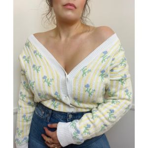 Curvy Large to Extra Large | 1980s Vintage Cotton Striped Floral Cardigan | Cottagecore Grandmacore