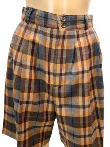 80s Brown Golden Tan & Blue Plaid Academia Walking Shorts | Vintage Pleated Tartan Wool Dress Shorts - Fashionconstellate.com