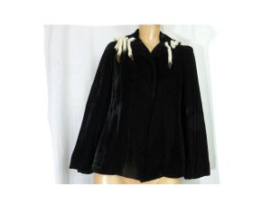 Vintage 40s Jacket Black Velvet Jacket White Fur Tail Trim Blazer Elegant Old Hollywood Glam