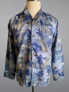 Mens Vintage 70s Andrade Honolulu Blue Floral Landscape Aloha Print Hawaiian Shirt | Size S