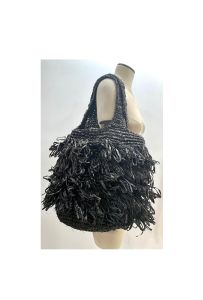 80s Large Black Raffia Fringe Tote Market Bag | Beach Bag | H 12.5'' x W 19'' x D 15.5''