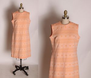 1960s Peach Pink Orange Geometric Sleeveless Polyester Shift Dress - L