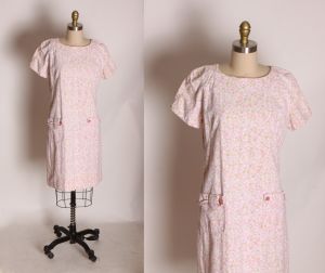 1960s Pink, White and Green Short Sleeve Novelty Floral Butterfly Shift Dress - L