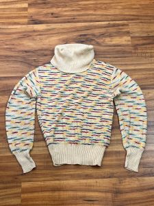 Small to Medium | 1970's Vintage Textured Rainbow Knit Turtleneck Sweater by Montgomery Ward - Fashionconstellate.com