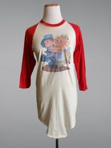 Rad 70s Red & White Long Ringer T-Shirt w/Raggedy Ann & Andy Decal 3/4 Sleeves Mini Dress |Size S/M - Fashionconstellate.com